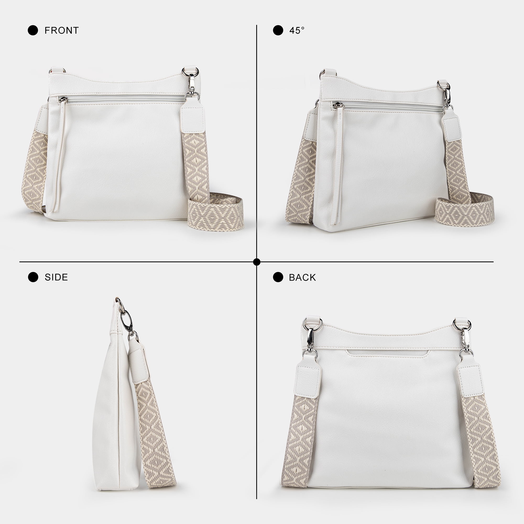 Women's Soft Vegan Leather Crossbody Bag, 2 Interchangeable Straps, Multi-Pocket Spacious Shoulder Purse for Commute, Work, Travel, Shopping & Daily Use, White