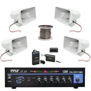 Pyle 120W MICROPHONE PA Mono Amplifier, 8-Inch PA Horn Speakers, Lavalier Wireless Microphone System and 16 Gauge 100 ft. Spool Zip Wire