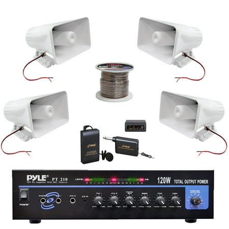 Pyle 120W MICROPHONE PA Mono Amplifier, 8-Inch PA Horn Speakers, Lavalier Wireless Microphone System and 16 Gauge 100 ft. Spool Zip Wire