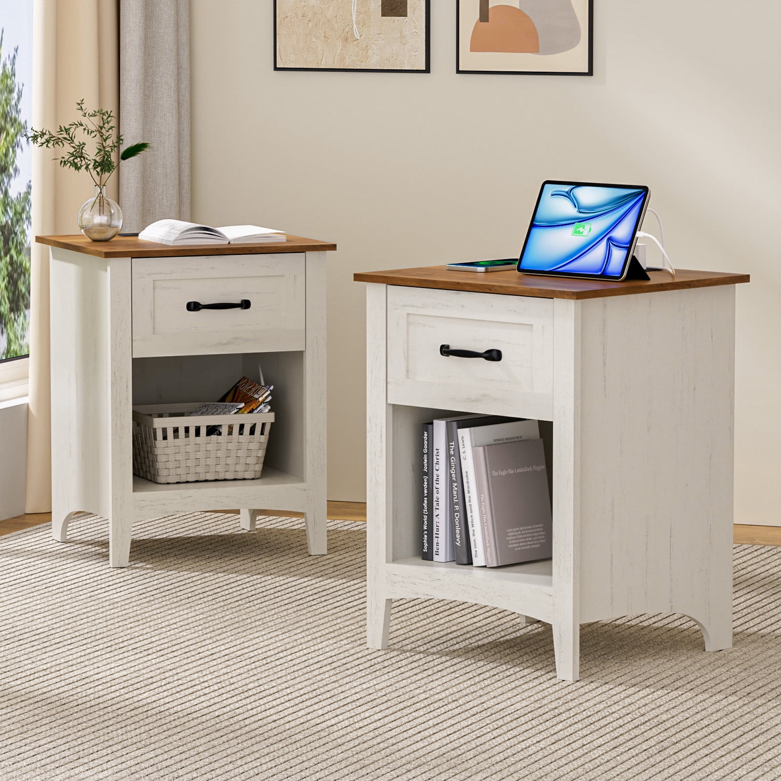 Hommpa Set of 2 End Table With Charging Station For Living Room, Farmhouse Side Table with Drawer, Nightstand Bedside Table with Storage Shelves For Bedroom, Rustic White