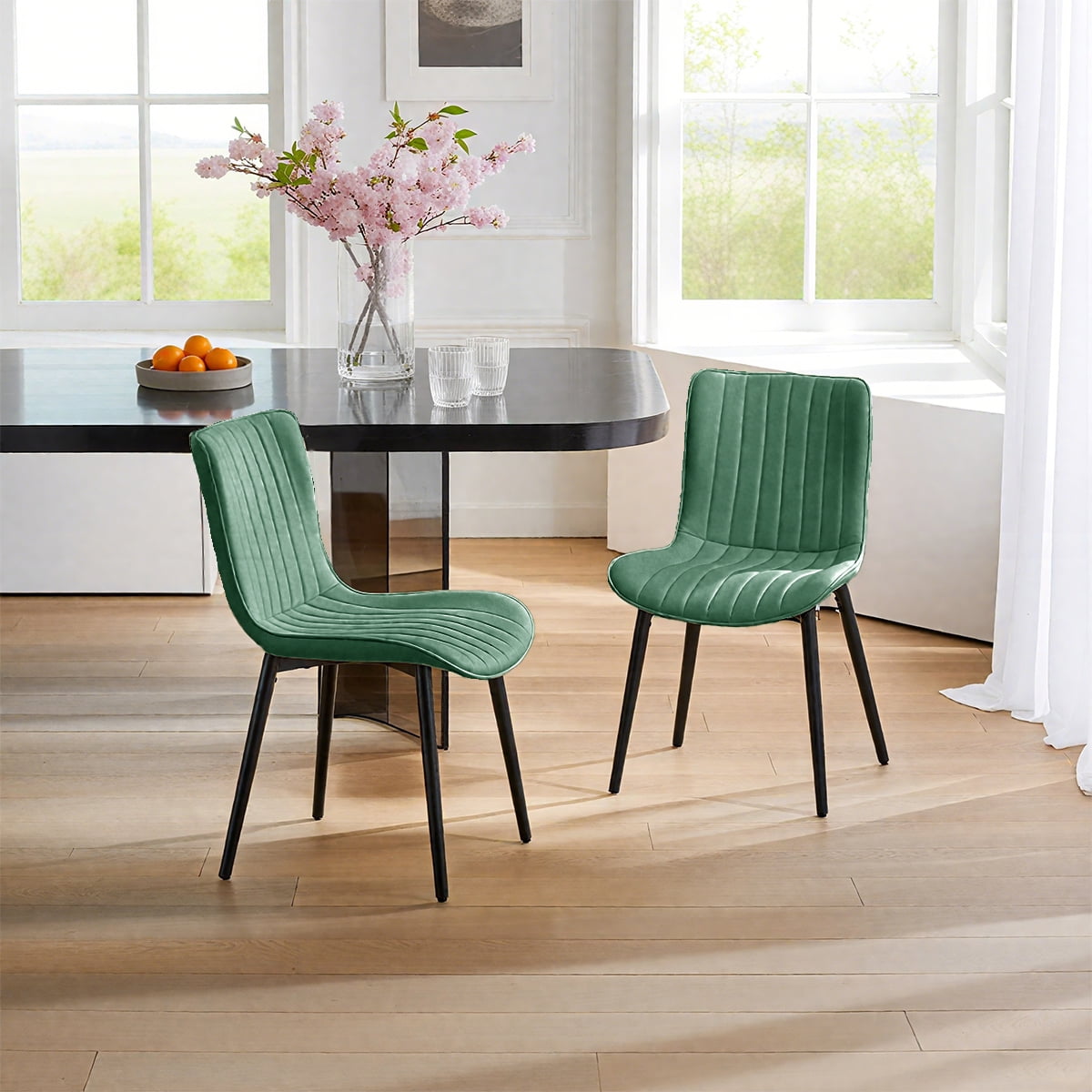 L'AGRATY Modern Dining Chairs Set of 2, High Back PU Leather Upholstered Kitchen Chairs with Cushion - Heavy Duty Metal Legs for Dining Room, Restaurant, Cafe (Green)