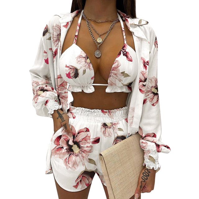 Txlixc Blusa de cuello de solapa de manga larga + pantalones cortos + chaleco de cuello colgante Txlixc moda