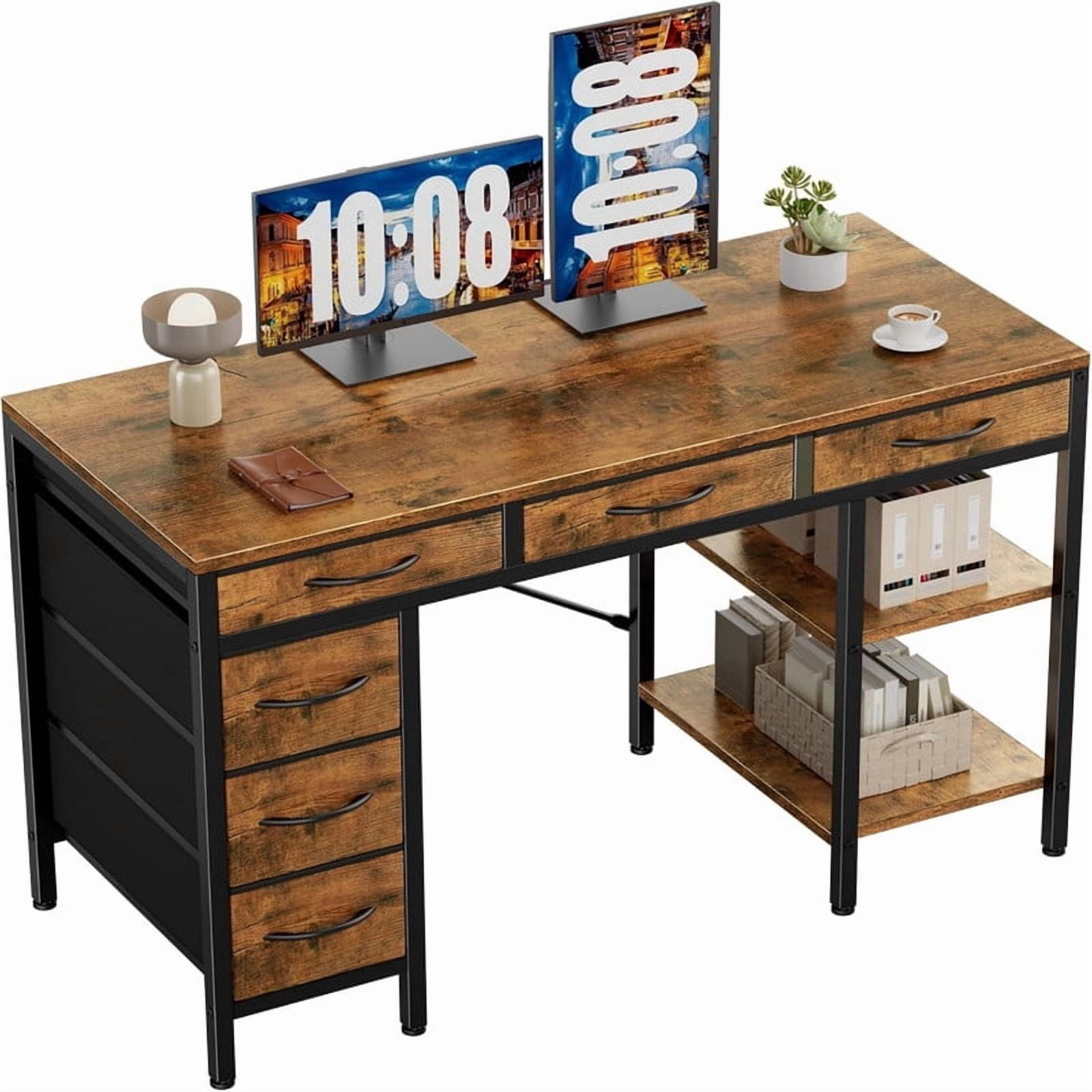 Kelno 47 Inch Computer Desk with 6 Fabric Drawer Storage Shelf Gaming Writing Table, Rustic Brown