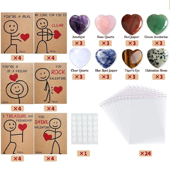 Crazyview 24Pack Valentines Cards with Heart-Shape Crystal Stones, Heart-Shape Crystal Valentines Cards, YOU'RE A GEM OF A FRIEND, Valentines Gift Cards for Kids School Class Classroom