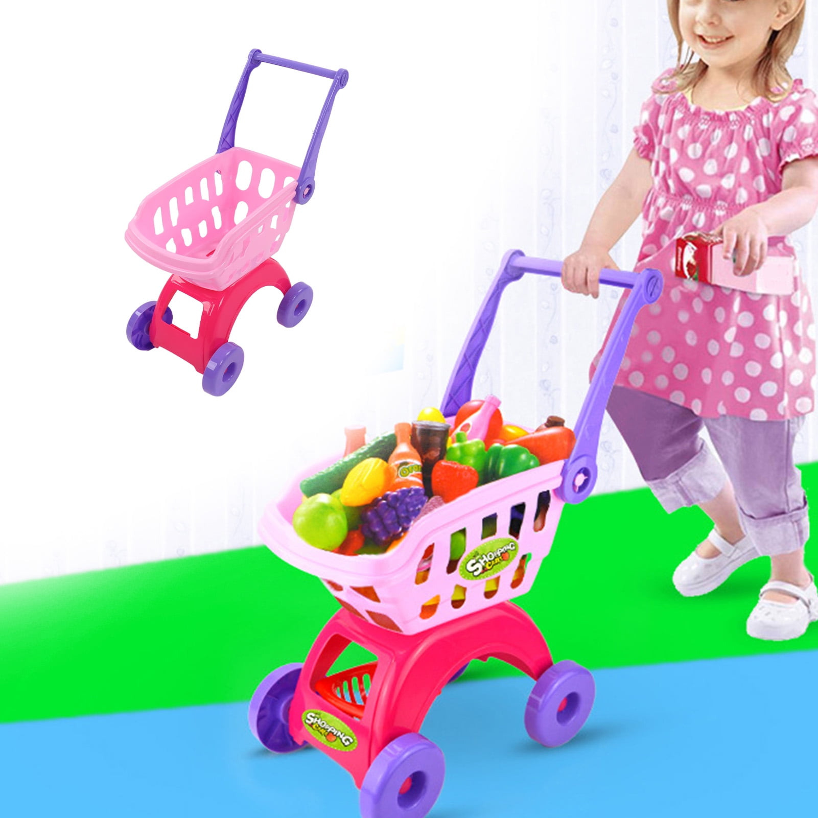 Senjay Fruit Shopping Cart Toys Kids Shopping Cart Toy Multipurpose Funny For Children Pink