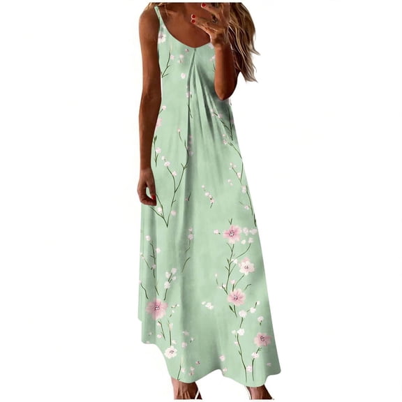 Makaor Sundress for Women Floral Bohemian A Line Maxi Dresses Plus Size Sleeveless Spaghetti Strap Dress Scoop Neck Beach Vacation Clothes 3XL