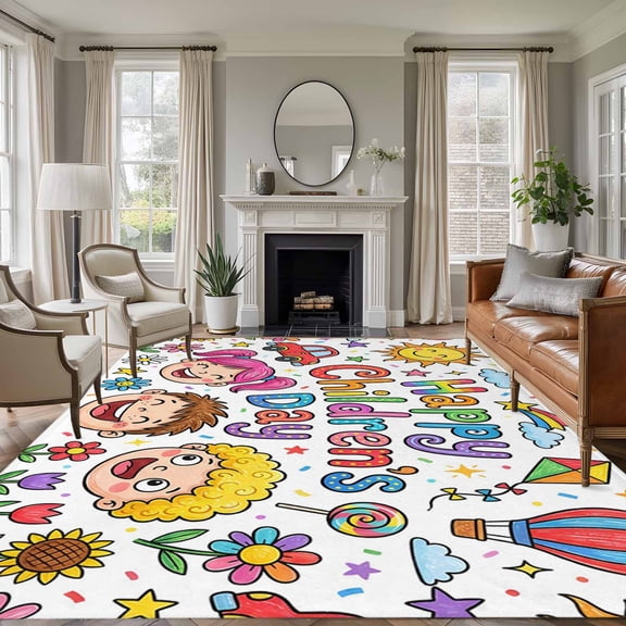 Children's Day Area Rugs 5'x8', Washable Small Throw Rugs for Classroom Bedroom, Cartoon Cute Watercolor Truck Flower Indoor Outdoor Rug Non-Slip Low Pile Carpet Runner Reversible Floor Mats