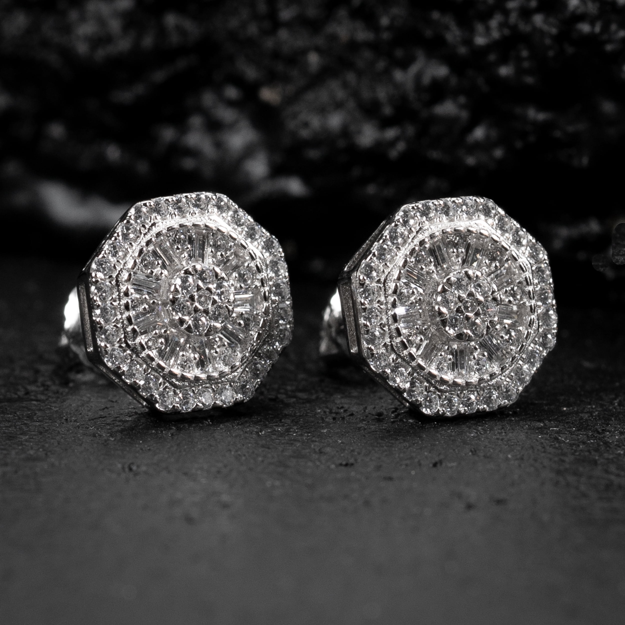 Men's Round White Gold 925 Sterling Silver Screw Back Post Cz Hip Hop Octagon Baguette Cut Cluster Stud Circle Earrings