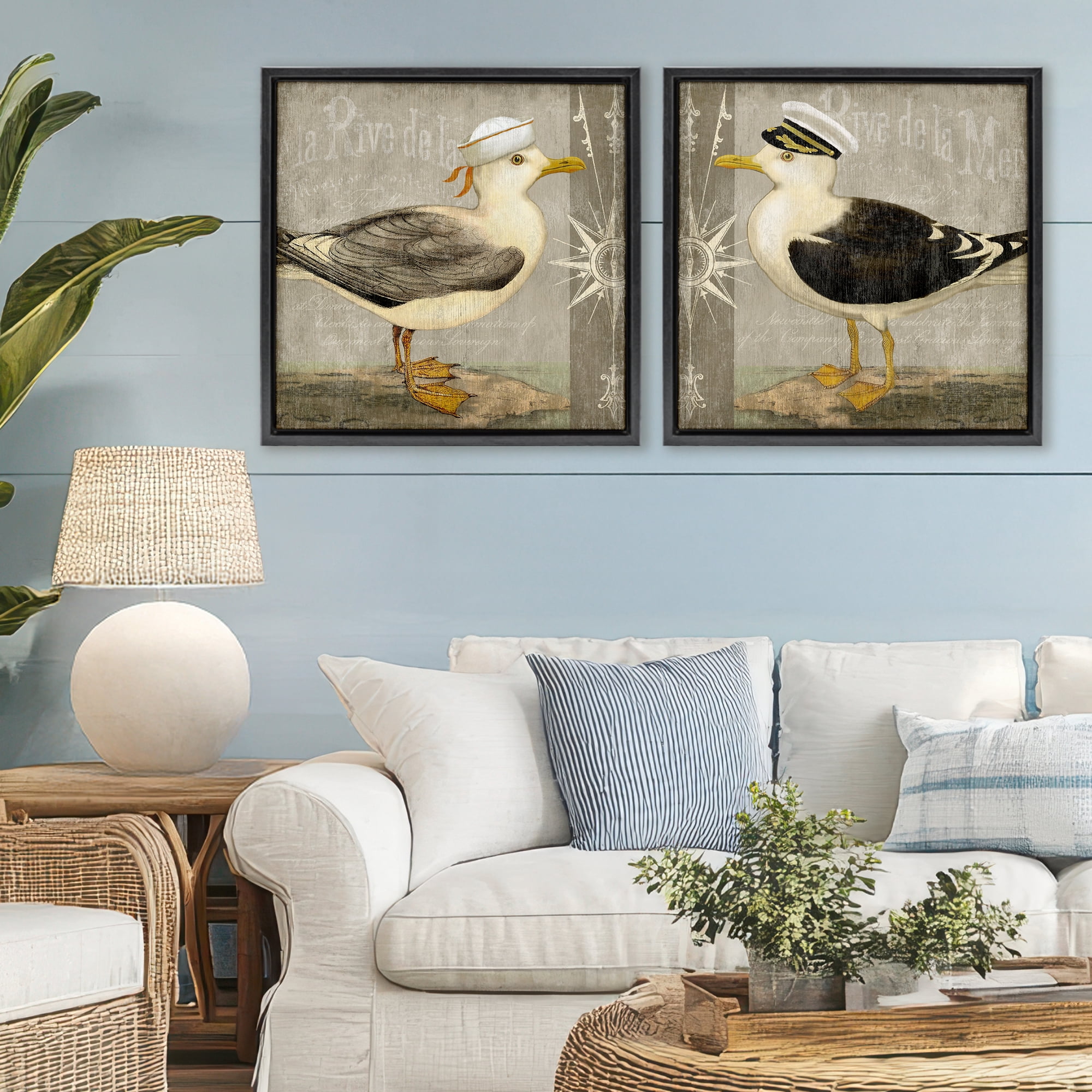 Stupell Industries Little Seagulls with Hats 2 Piece Black Framed Floater Canvas Set, design by Suzanne Nicoll