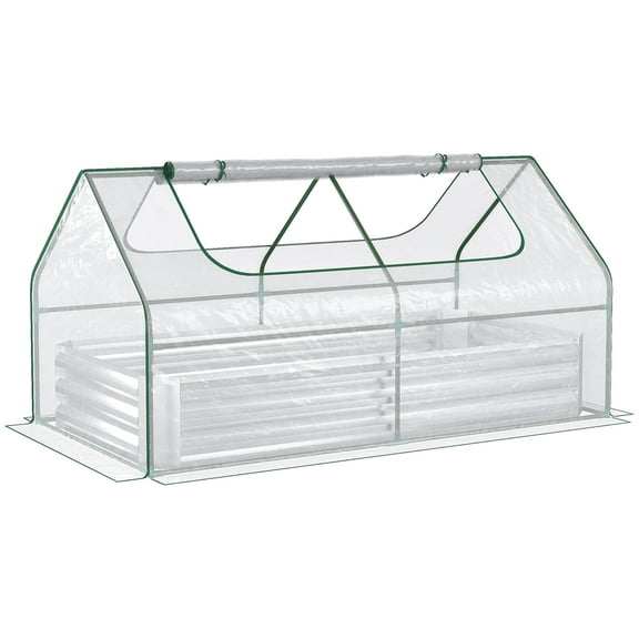 Outsunny 6' x 3' Galvanized Raised Garden Bed with Mini PVC Greenhouse Cover, Outdoor Metal Planter Box with 2 Roll-Up Windows for Growing Flowers, Fruits, Vegetables and Herbs, Silver