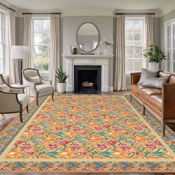 Large Area Rugs for Living Room Bedroom, Beige Red Floral Boho 6'x9' Rug Washable Carpet Runner Indoor Outdoor, Vintage Ethnic Tribe Abstract Art Non Slip Floor Mats Rug for Kitchen, Playroom