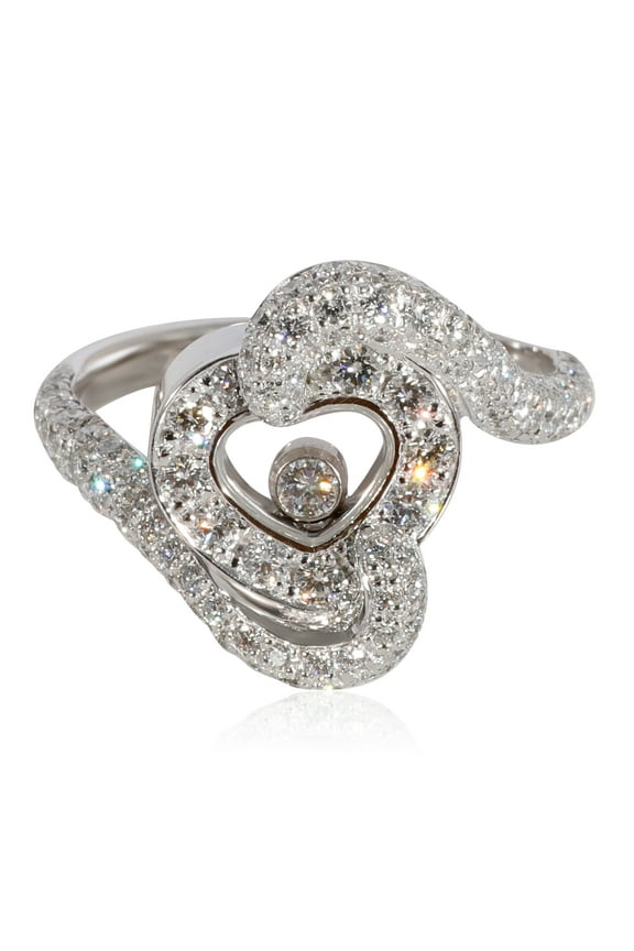 Pre-Owned 18K White Gold Chopard Happy Diamonds Heart Ring With 3 Sided Pave Band, .86 Ctw.