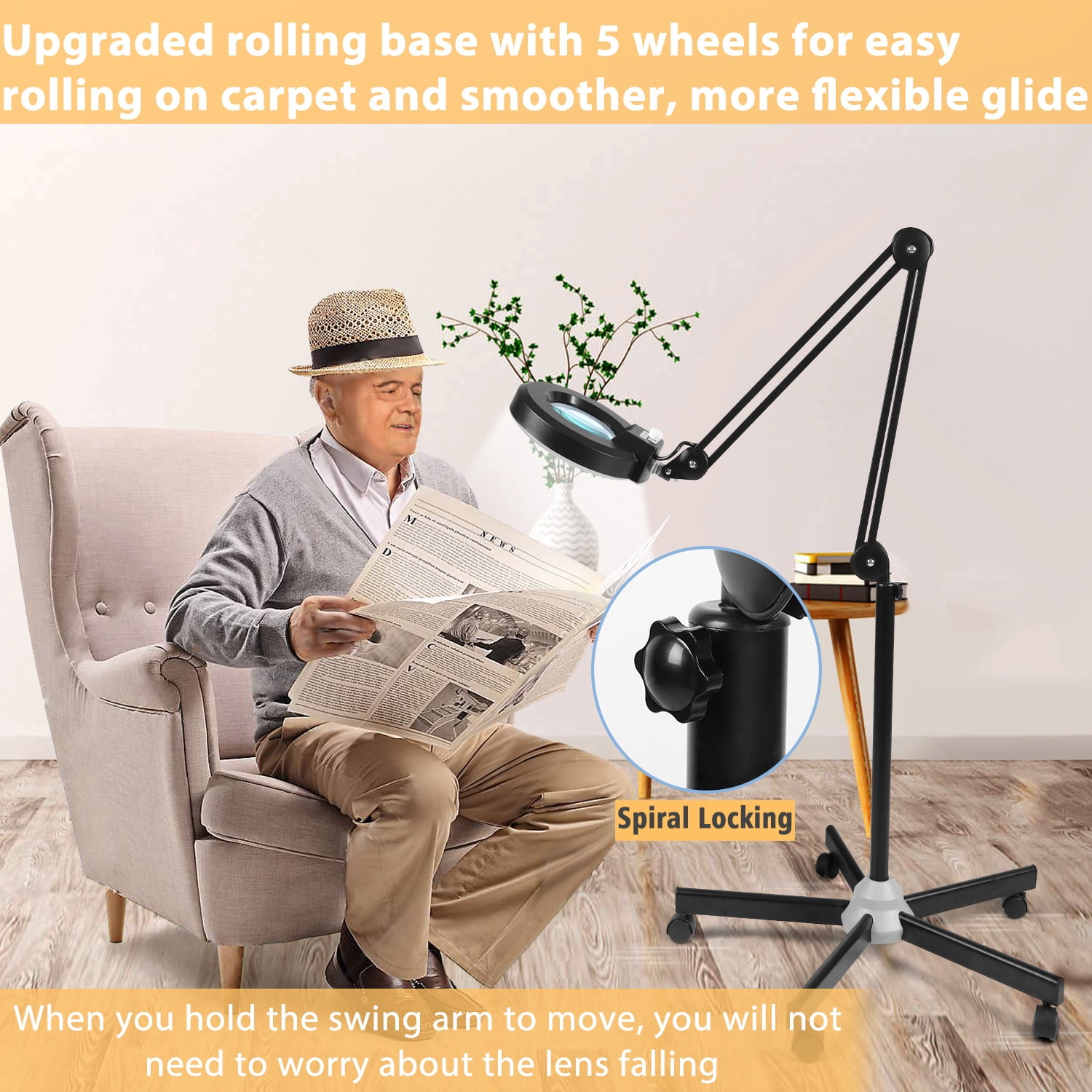 MagnieOpti Super Bright 2,200 Lumens Magnifying Glass with Light and Stand, Floor Lamp with 5 Wheels Rolling Base for Lash Estheticians, Stepless Dimmable, LED Lighted Magnifier for Sewing Crafts