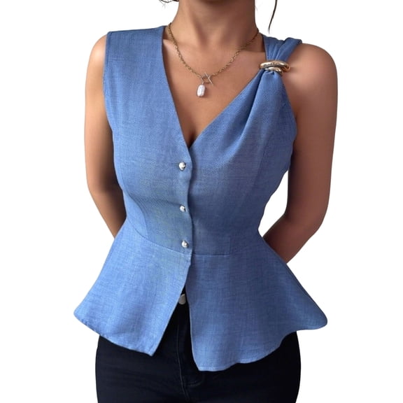Women'S Suit Vest V Neck Button Sleeveless Jacket Fashion Summer Waistcoat Lady Fashion Vests Blue S
