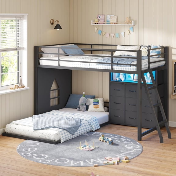 Aunfebrco Twin Over Twin Low Bunk Bed with 9 Storage Drawers and 1-tier Open Shelf,L-Shaped Bunk Bed with LED Light,Metal Twin Floor Bunk with 13.4''H Safety Guardrail and Inclined Ladder,Black
