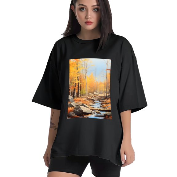 Plus Size Shirt for Women Black Tops for Women Short Sleeves Shirt for Women Forest At Autumn T Shirt Crewneck Shirt for Women XS