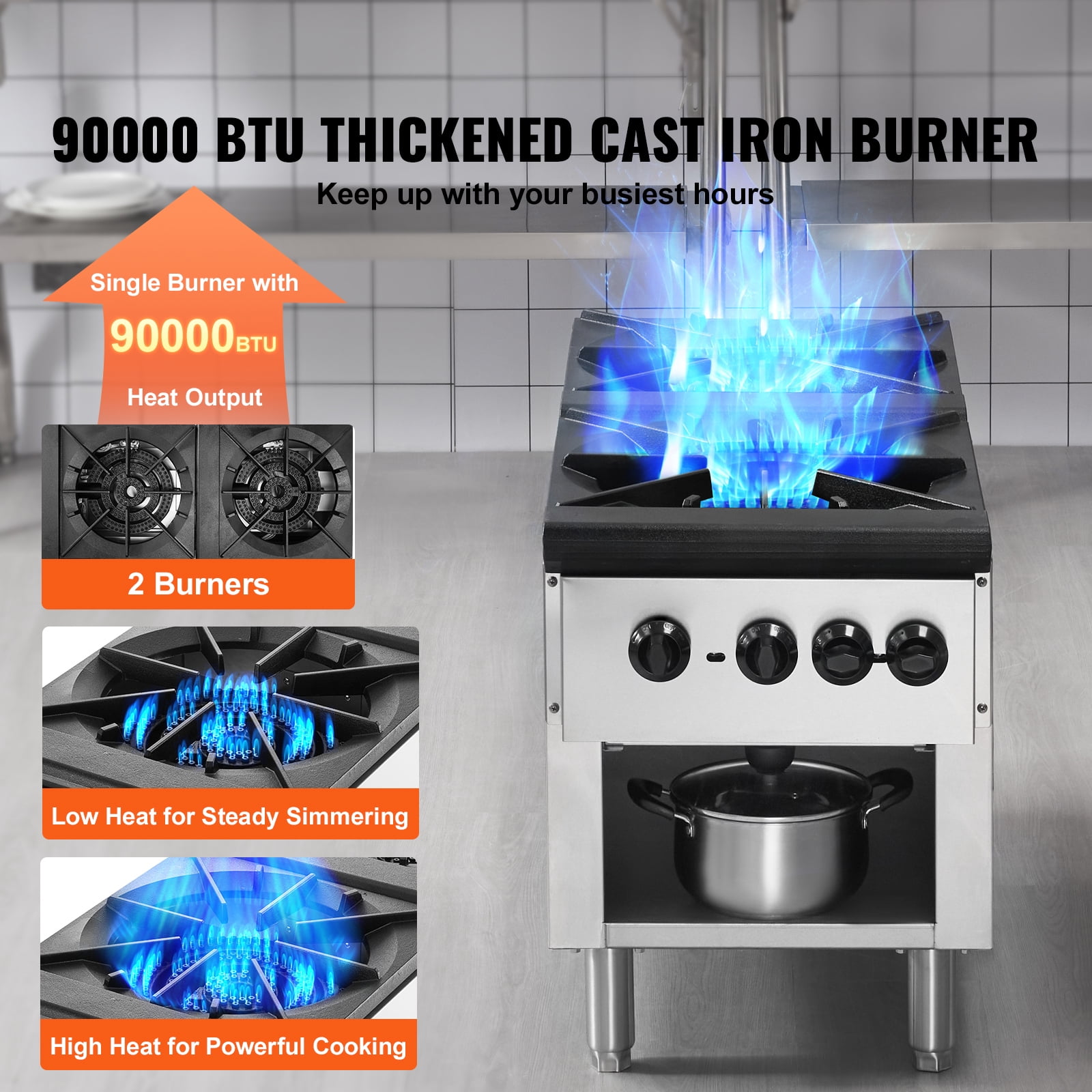 SKYSHALO Dual Burner Gas Range, Versatile for Propane or Natural Gas, Stainless Steel Countertop Cooktop, Ideal for Restaurants, 180,000 BTU