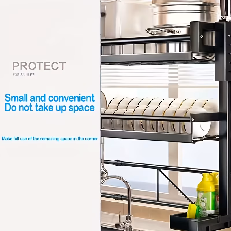 Adjustable Expandable Metal Sink Storage Rack - Space-Saving Countertop Organizer for Cutlery, Cups & Cooking Tools, Black