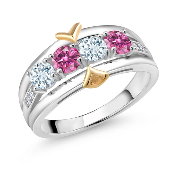 Gem Stone King 925 Silver and 10K Yellow Gold Band Ring Round Sky Blue Aquamarine and Vivid Pink Moissanite (1.01 Cttw, Size 8)