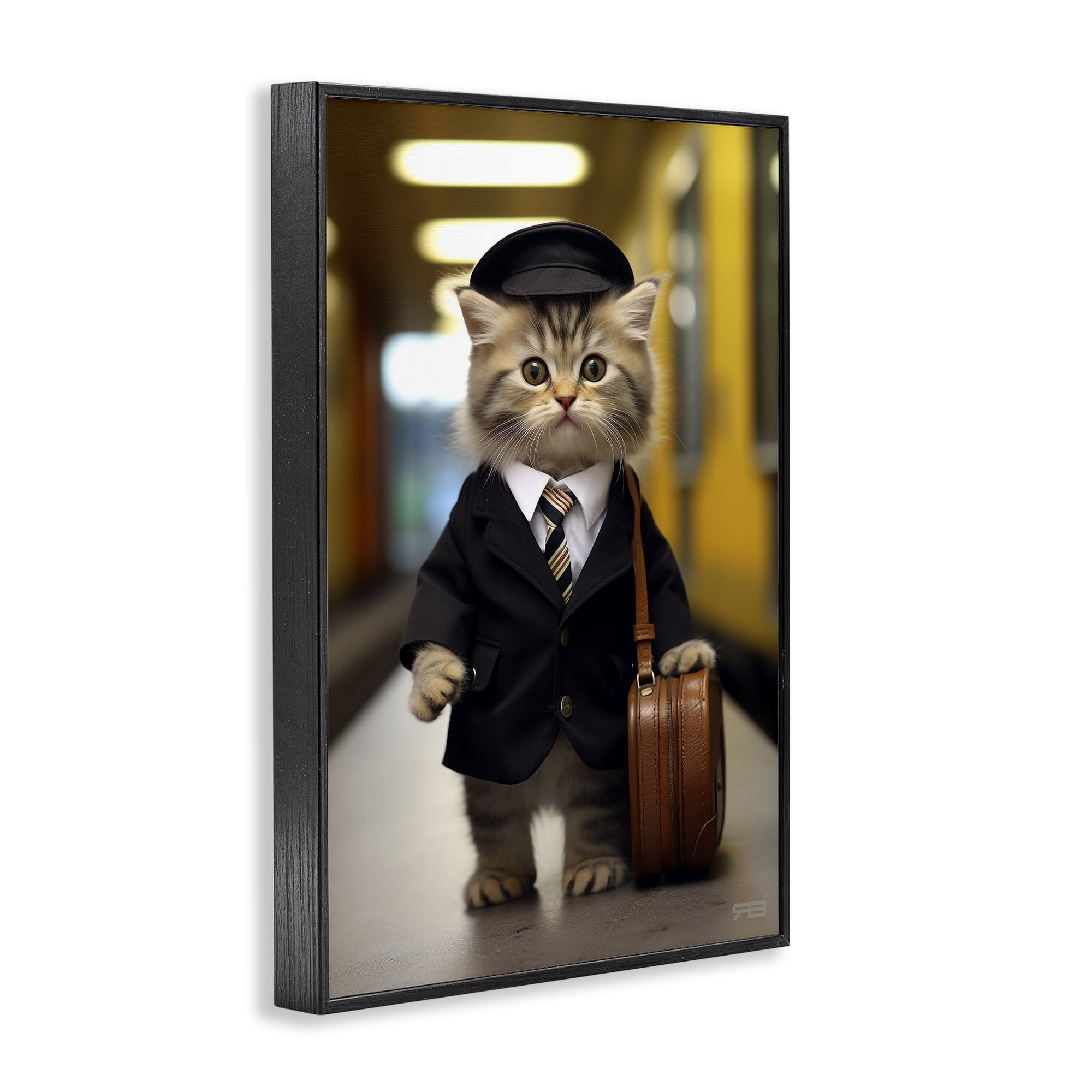Stupell Industries Traveler Kitten & Briefcase Novelty Painting Black Framed Art Print Wall Art, 16 x 24
