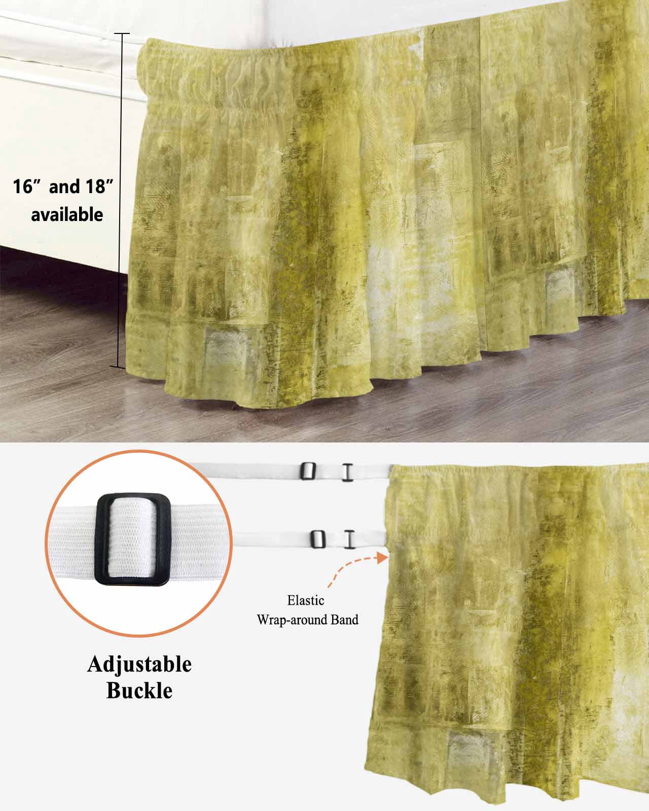 Yellow Wrap Around Bed Skirts for Queen Bed 16" Drop,Bed Skirt with Adjustable Elastic Belt Dust Ruffle Bed Valance for Bedroom Hotel Retro Oil Painting Modern Abstract Art Aesthetics Bed Frame Cover
