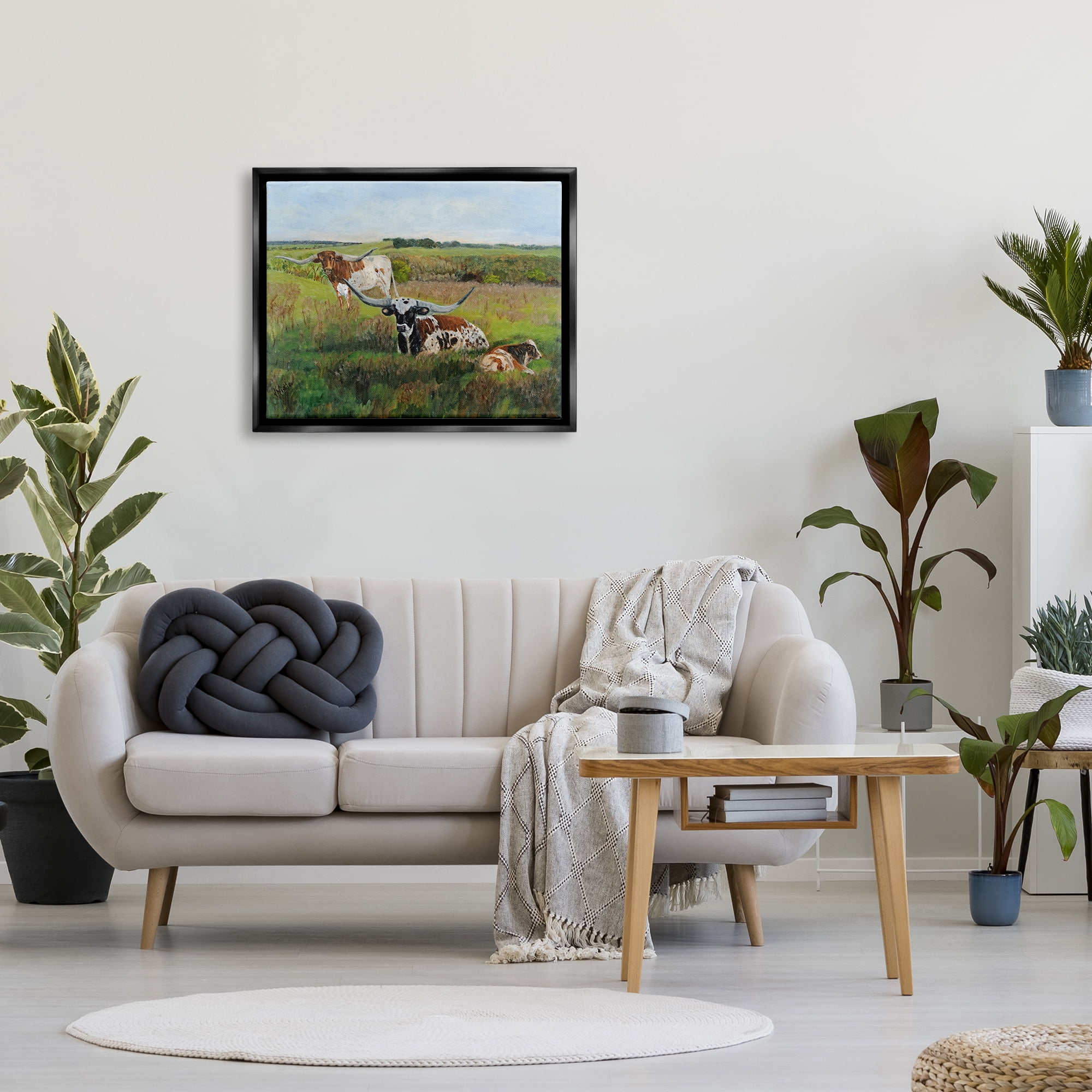 Stupell Country Pasture Longhorn Cattle Animals & Insects Painting Black Floater Framed Art Print Wall Art