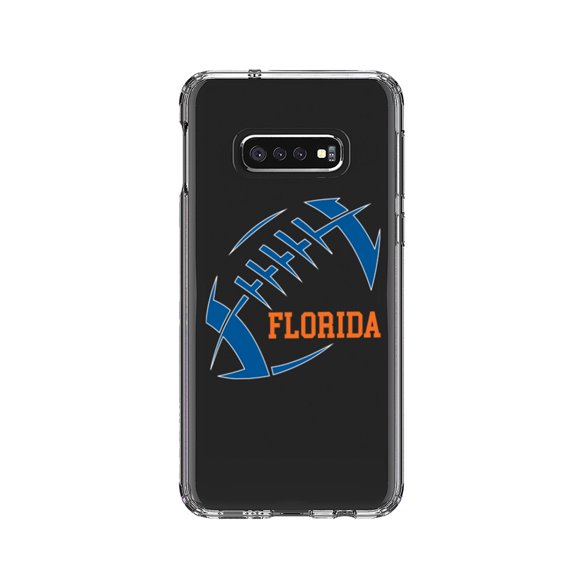 DistinctInk Clear Shockproof Hybrid Case for Samsung Galaxy S10e (5.8" Screen) - TPU Bumper, Acrylic Back, Tempered Glass Screen Protector - Florida Football - Orange, Blue