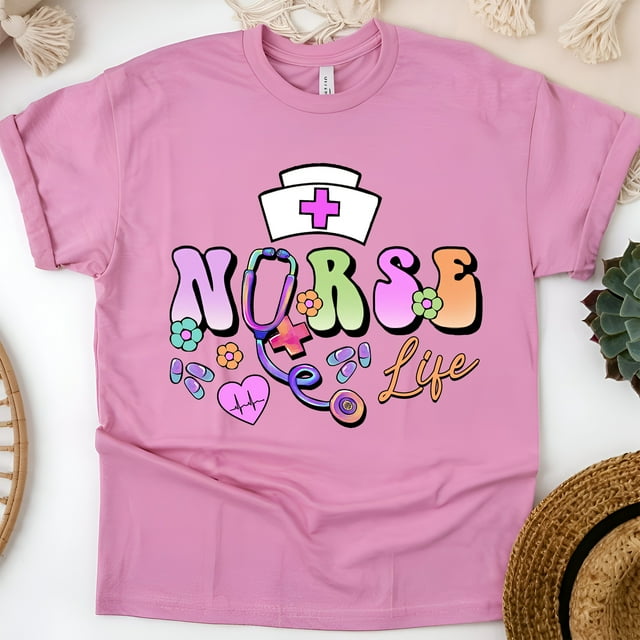 Nurse Life T-Shirt | Pastel Lettering with Stethoscope and Nurse Cap Graphic, Azalea, Size 2XL