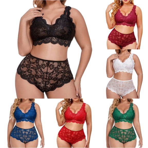 Luvior Bras For Women Solid Color Plus Size V Neck High Waist Floral Lace Bra And Panty 2 Piece Set Underwire Brassiere,White