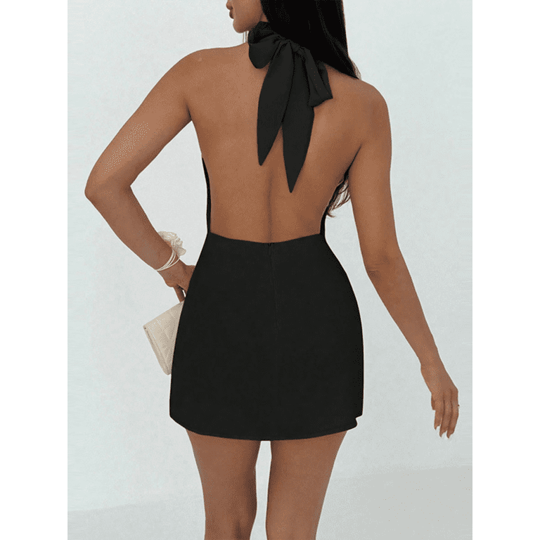 EASYBRA Womens Backless Halter Mini Dress Sleeveless Ruched Party Dress Elegant Summer Cocktail Dress