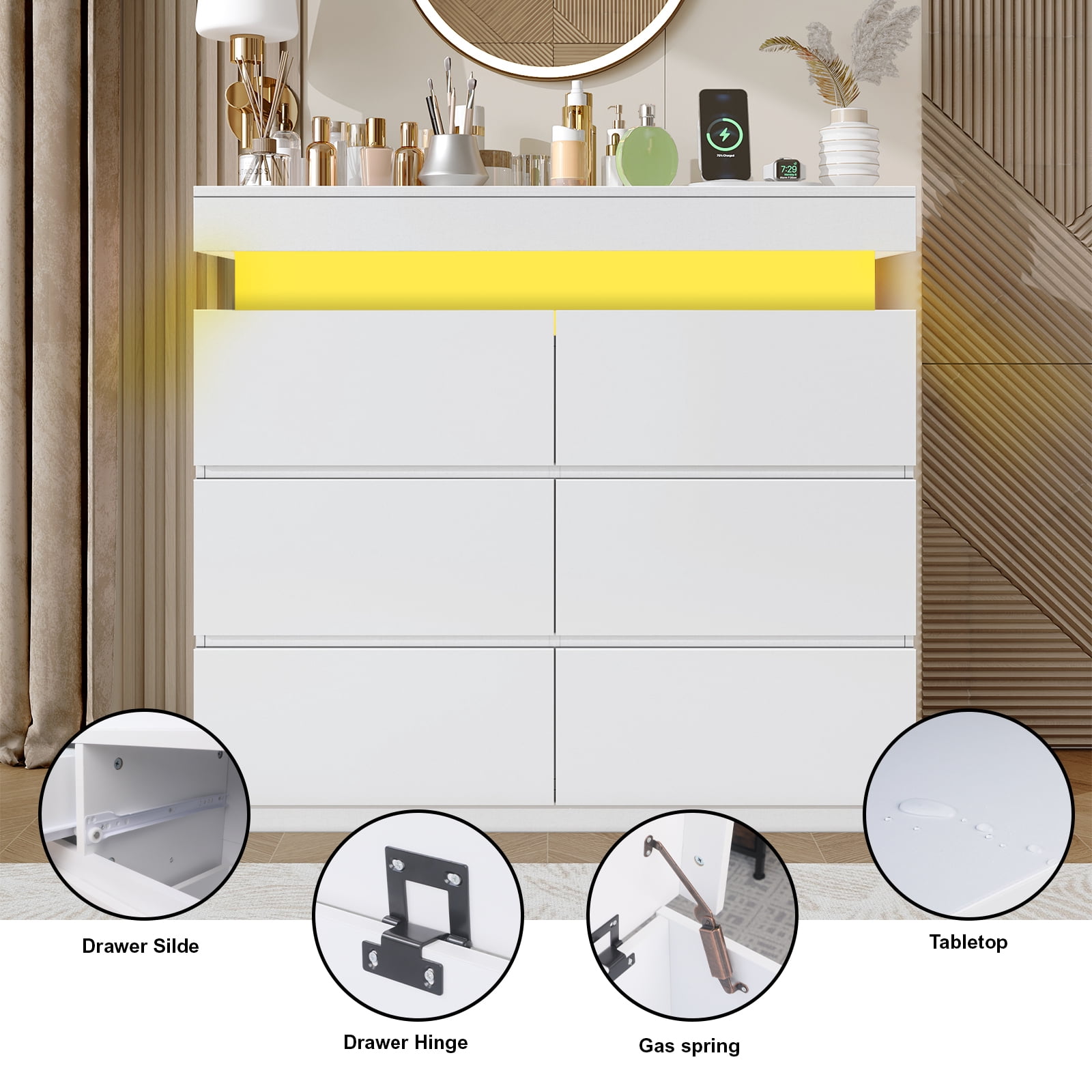 LLappuil 6 Drawer Dresser for Bedroom, Chest of Drawers with LED Light, TV Stand with Drawers White