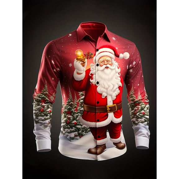 Men's Christmas Print Shirt Long Sleeve Button-Front with Festive Santa & Snowy Tree Design for Christmas Party and Holiday Gathering Christmas Season Polyester
