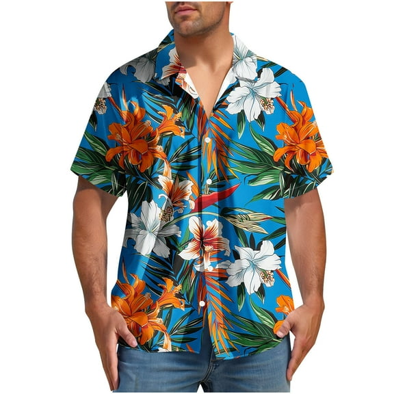 ZCFZJW Hawaiian Shirts for Men Trendy Summer Short Sleeve Tropical Floral Printed Button Down Graphic Holiday Beach Vacation Tees Tops Multicolor#03 S