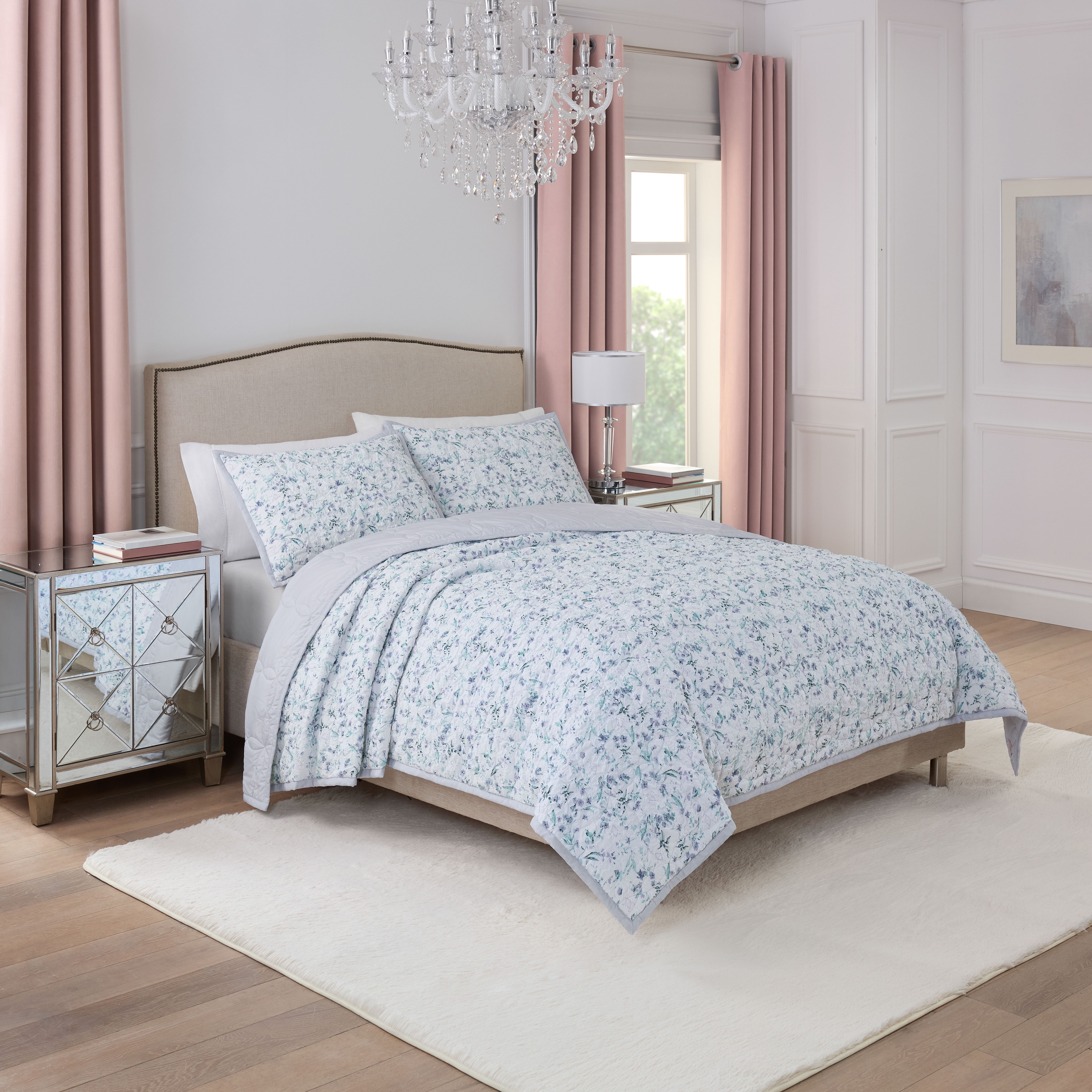 Paris Hilton Camille Lilac Grey Floral Quilt Set, Full/Queen, Reversible 3-Piece Bedding, Lightweight