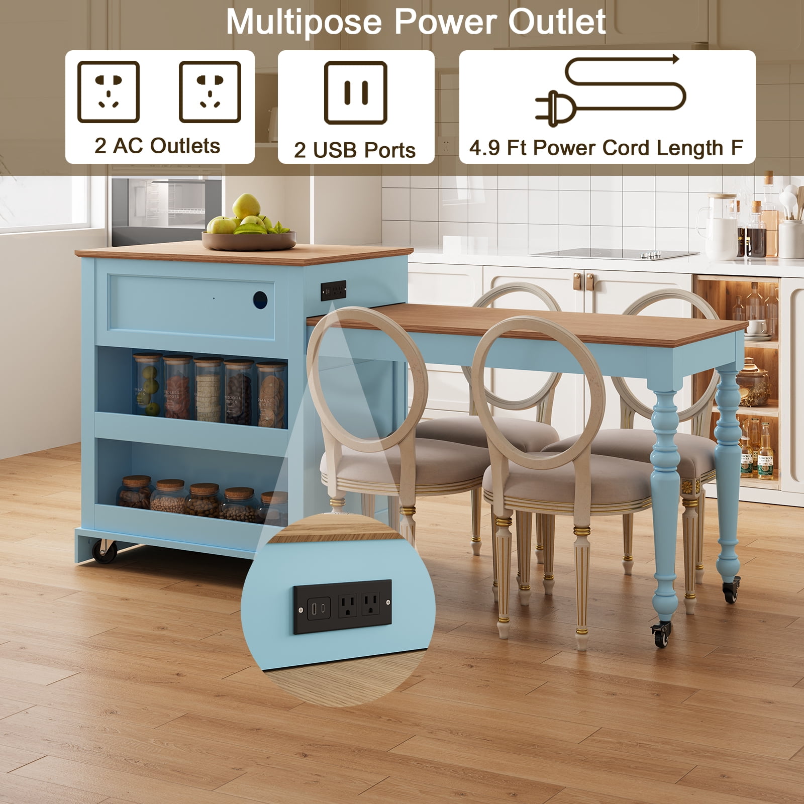 CBJCBJ Modern Extendable Kitchen Islands on Wheels with Power Outlet, Dining Table Cart with 2 Doors Storage, Blue