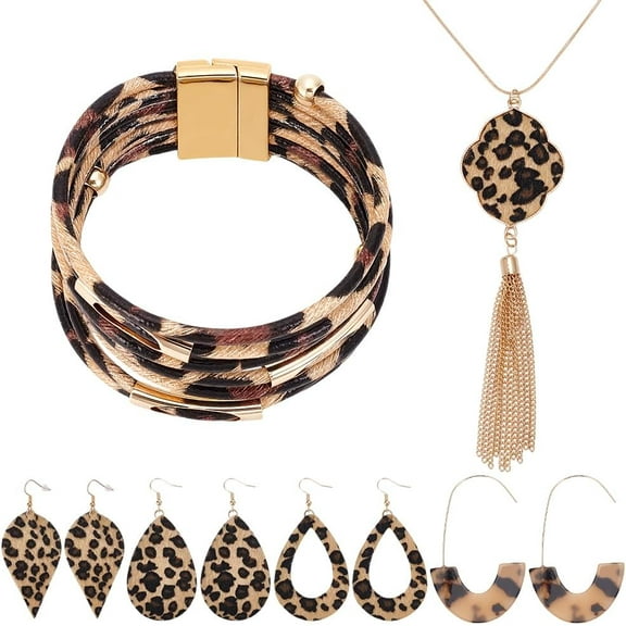 1set Leopard Print Alloy Necklaces & Earrings & Bracelet sets Mixed Shapes Earring: 81x40mm