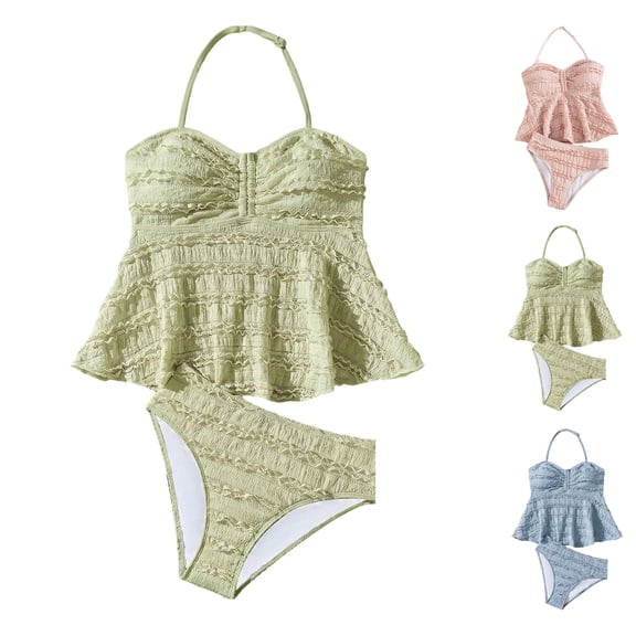 Bigetiay Girls 2 Piece Swimsuits High Elastic Ribbed Halter Neck Tankini Set Bathing Suits for Girls 7-8 Years