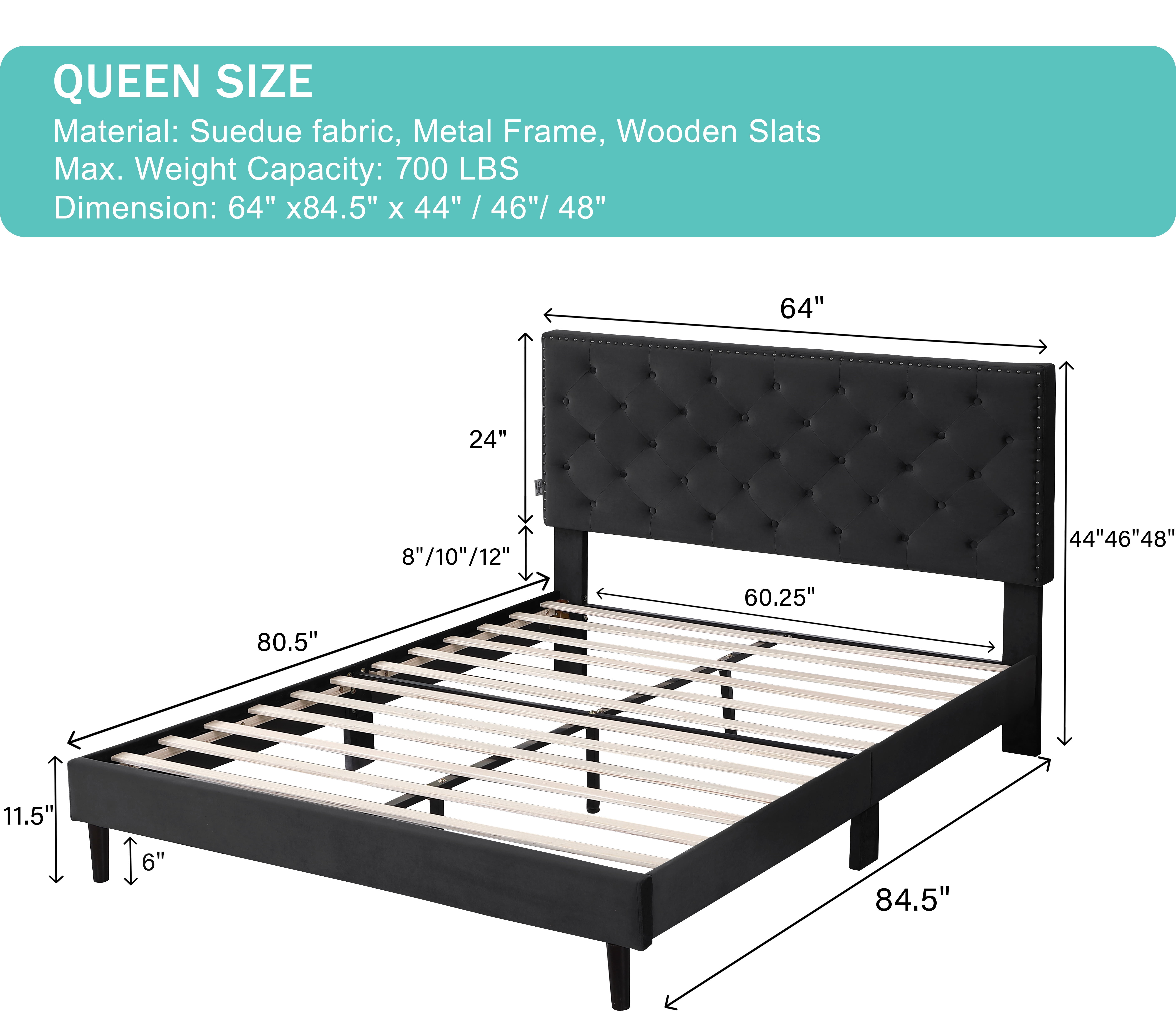 Queen Upholstered Platform Bed Frame with 48" Tall Adjustable Headboard - Button Tufted Suede Bed - Black - Oliver & Smith - Princeton
