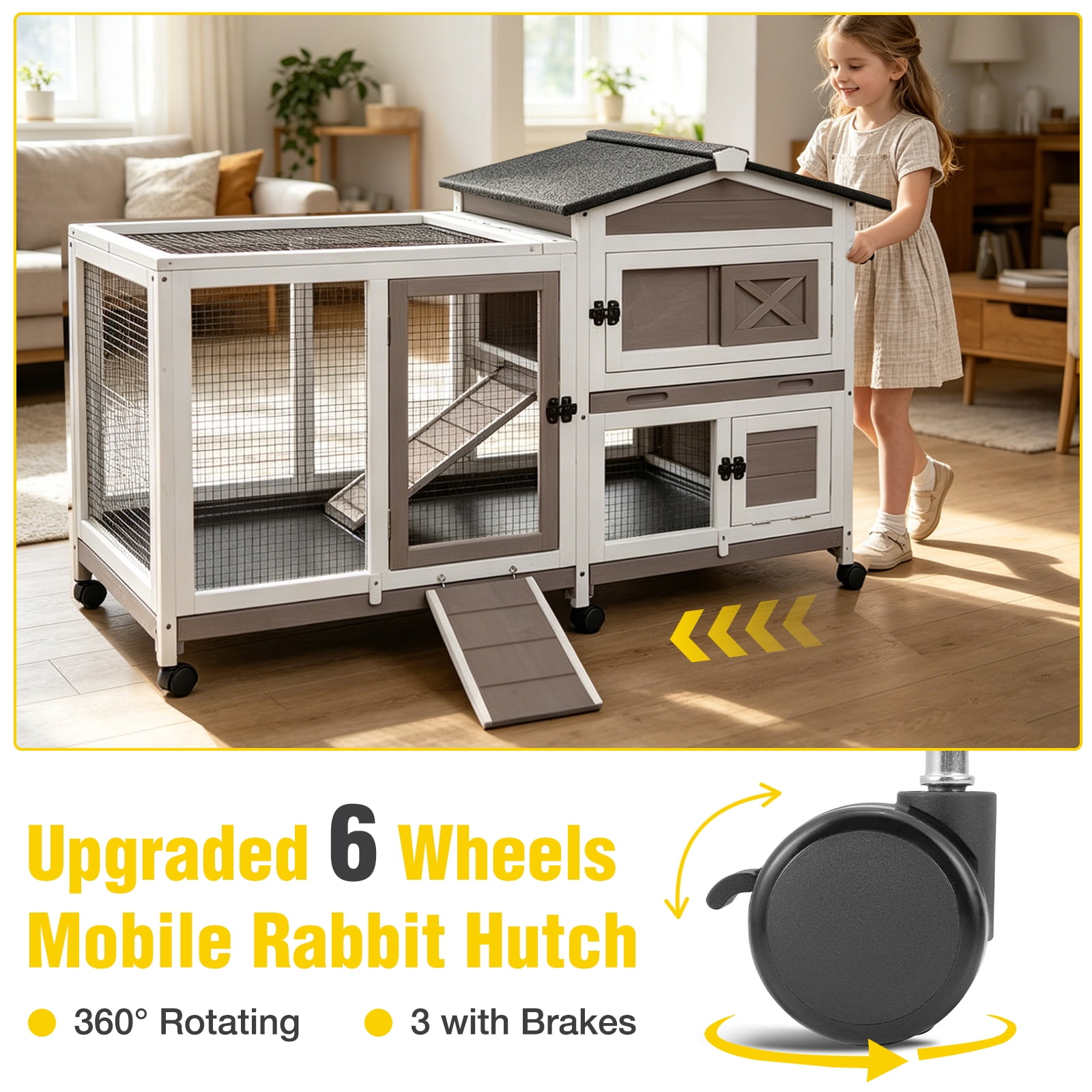 Aivituvin Rabbit Hutch with Wheels for Outdoor & Indoor, 2-Story Bunny Cage Guinea Pig House with Pull Out Tray for Rabbits, Gray
