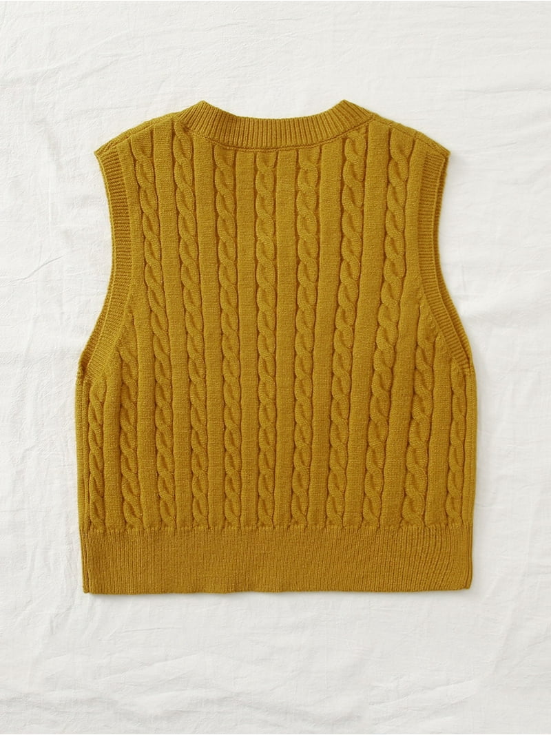 Hotian Women Cable Knit Sweater Vest V Neck Pullover Mustard