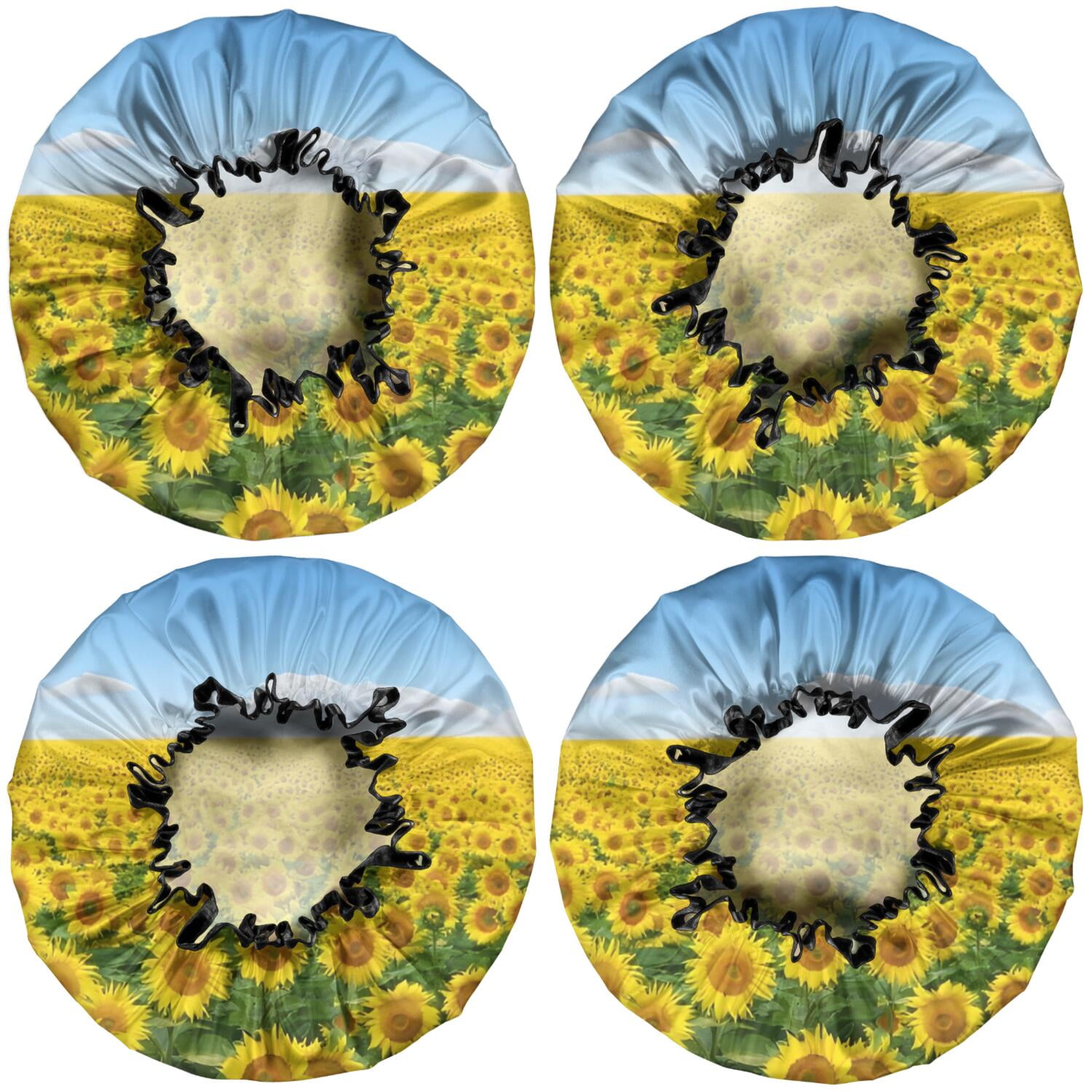 Shower Caps,Blue Sky Sunflower Field Pattern Waterproof Shower Cap for Women 4 Pieces,Double Reusable Hair Cover for Shower PEVA Elastic Stretch Hem