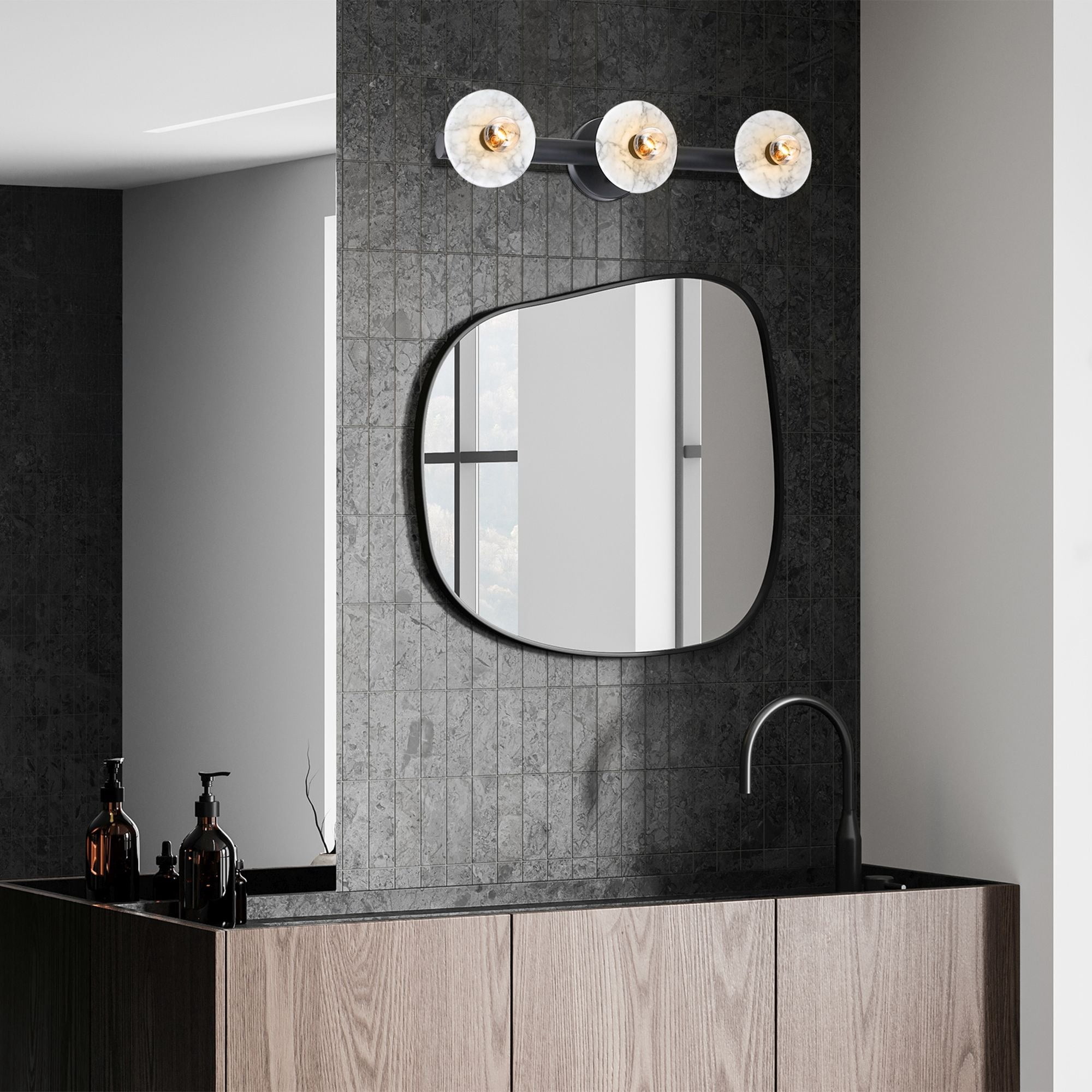 Fina 24.75 in. 3-Light Matte Black Vanity Wall Light with Natural Marble for Bathrooms