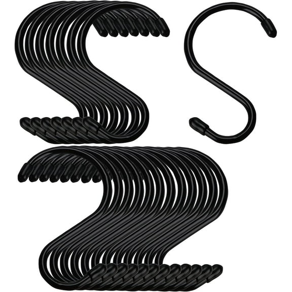 20 Pack 3 inch Small S Hook, Vinyl Coated S Hooks with Rubber Stopper Non Slip S Hook, Steel Metal Black Rubber Coated Closet S Hooks for Hanging Jeans Plants Jewelry Pot Pan Cups Towels, Black