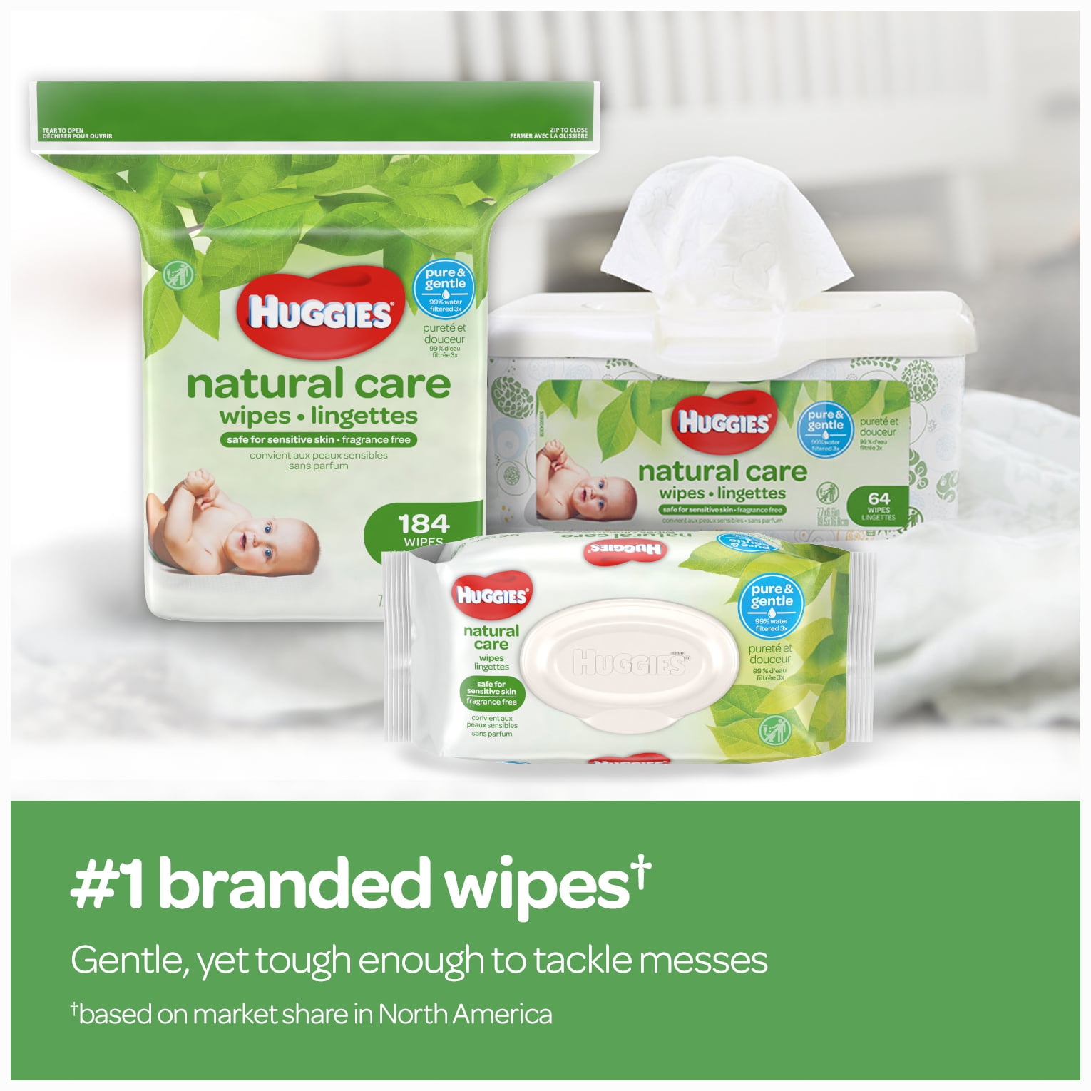 Huggies Natural Care Sensitive Baby Wipes, Unscented, 3 Refill Packs (528 Wipes Total)