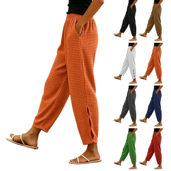 CaComMARK PI Women's Waffle Knit Joggers Side Split Waffle Knit Joggers Drawstring Waist Baggy Casual Sweatpants with Pockets White