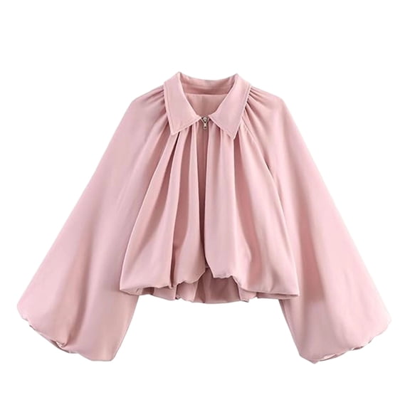 Stamzod Jackets for Women Fall Winter Balloon Long-Sleeve Bomber Jacket Women Collared Pleated Zip Up Coat Pink S
