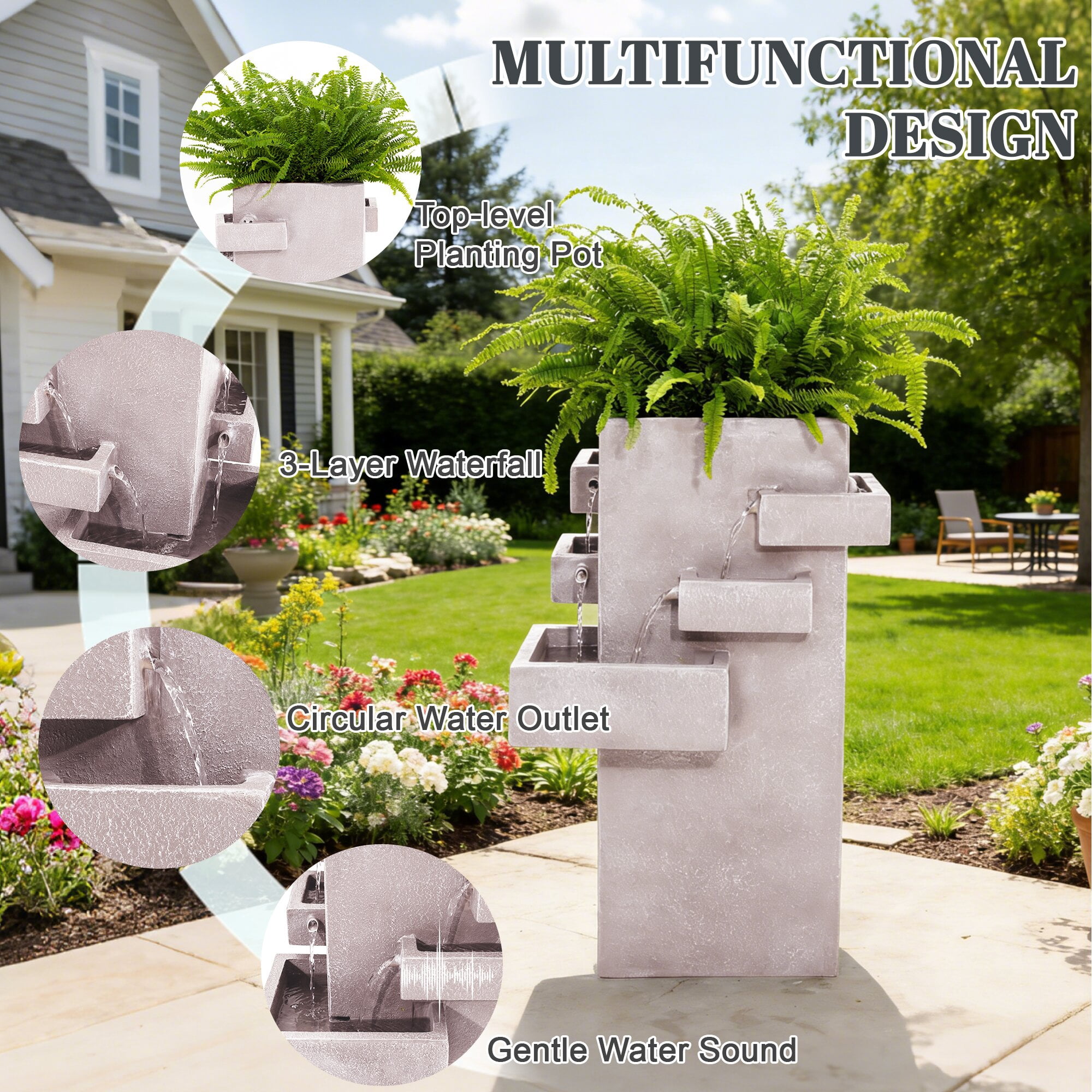 Kaluomm Outdoor Water Fountain 28" Modern Square, Textured Resin Cascading Waterfall for Garden Yard Patio, Beige