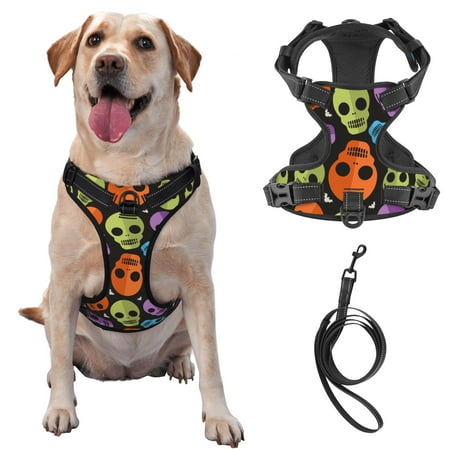 TEQUAN Small Dog Harness with Leash Horror Halloween Spooky Skulls Prints Reflective No Pull Adjustable Pet Vest (S)