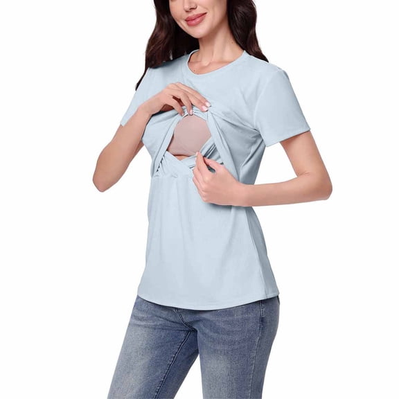 BRGZLK Women's Nursing High-Elastic Tops Solid Color Casual Fashion Ribbed Round Neck Short Sleeve Comfortable Breastfeeding Top,Summer Maternity Clothes Light Blue M