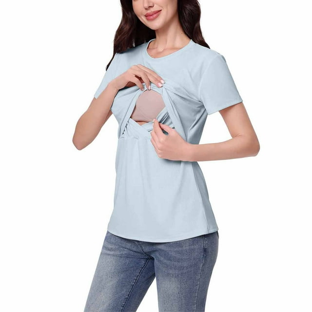 Grrvtrz Chemise de Maternité Col Rond Manches Courtes Tuniques Hauts d'Été Décontractés T-Shirts Double Couche Allaitement